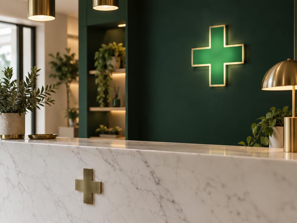 Pharmacienne au comptoir d'une officine moderne